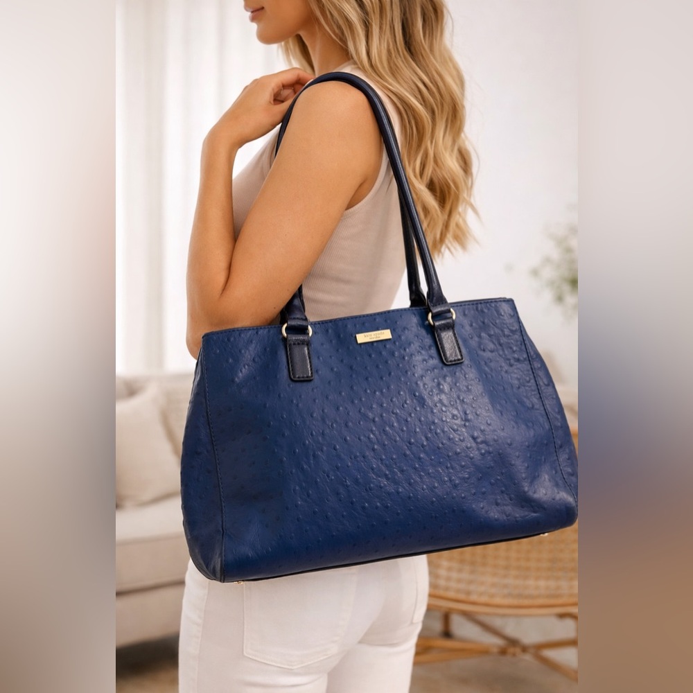Kate ♠️ Spade New York Blue Ostrich-Embossed Leather Shoulder Bag Tote